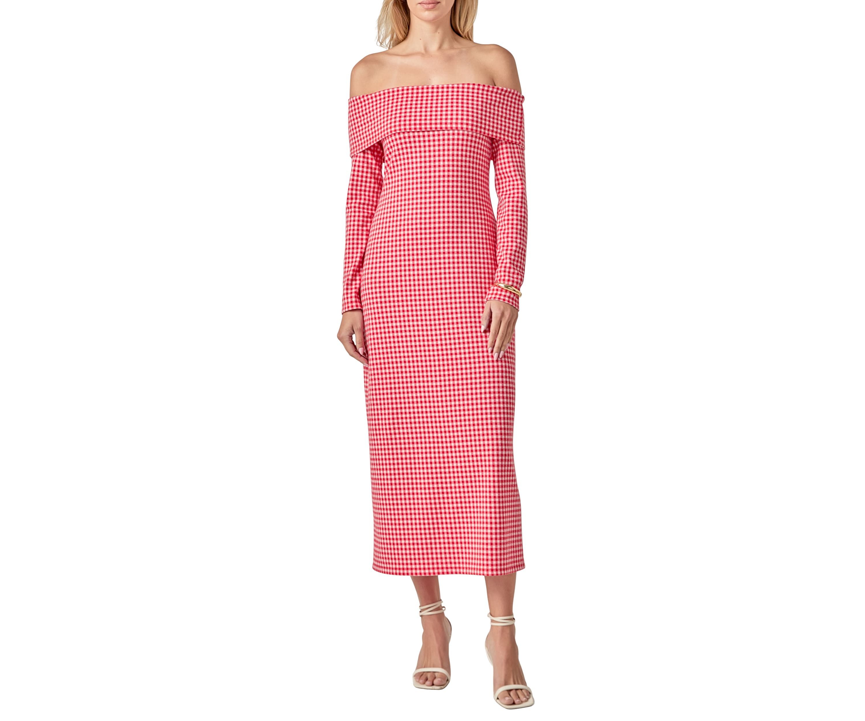 GINGHAM OFF THE SHOULDER MIDI DRESS