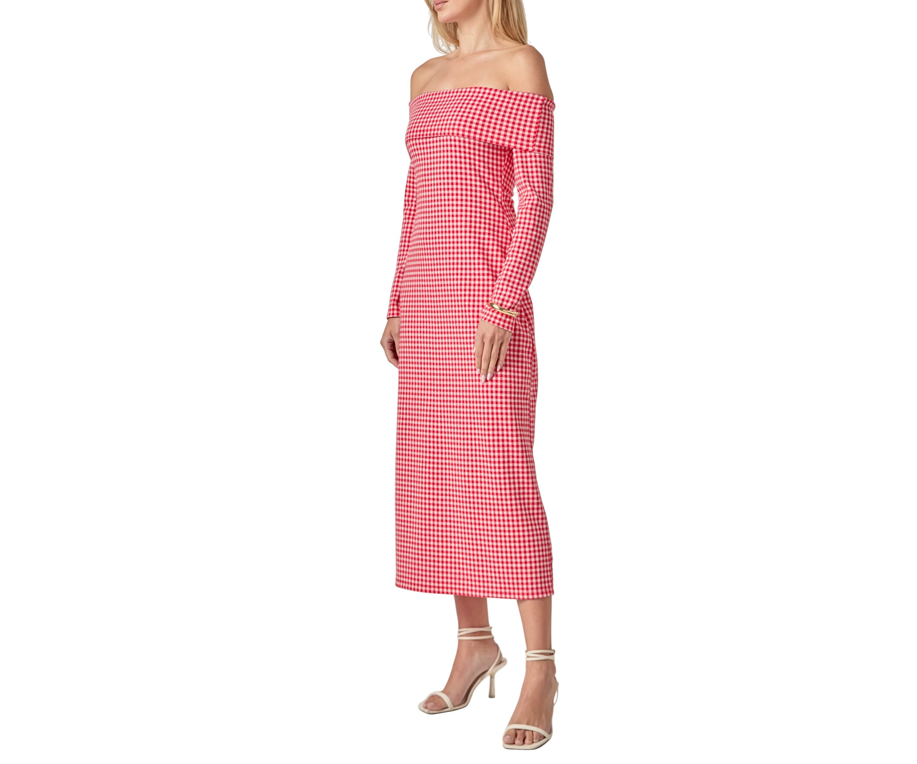 GINGHAM OFF THE SHOULDER MIDI DRESS