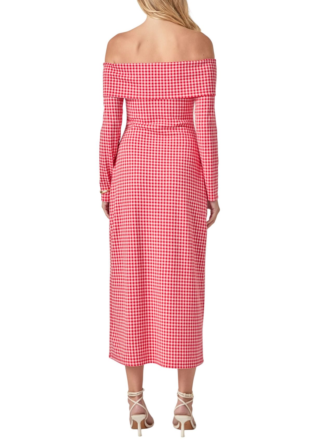 GINGHAM OFF THE SHOULDER MIDI DRESS