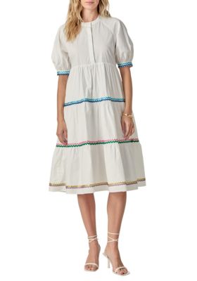 ENGLISH FACTORY Women's SCALLOP TRIMED MIDI DRESS, White, Large