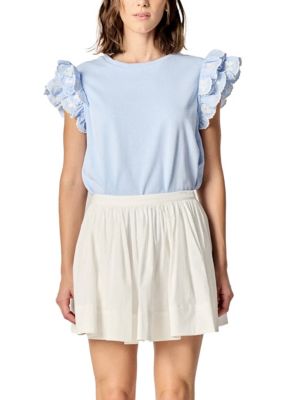 ENGLISH FACTORY Women's FLOWER EMBROIDERED RUFFLE TOP, Blue, Medium