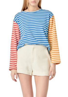 ENGLISH FACTORY Women's Striped Color Block Long Sleeve Tee, Blue, Small