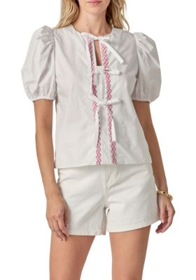 ENGLISH FACTORY Women's SCALLOP TAPE TRIMED BLOUSE, White, Large