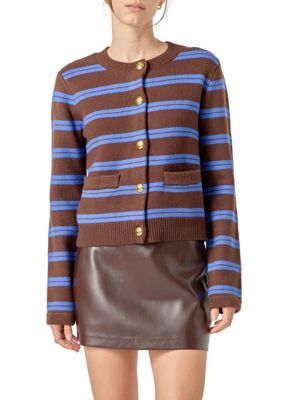 ENGLISH FACTORY Women's STRIPED GOLD BUTTOM CARDIGAN, Large