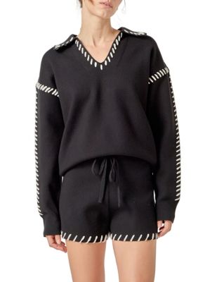 ENGLISH FACTORY Women's STITCH DETAIL KNIT COLLAR TOP, XS