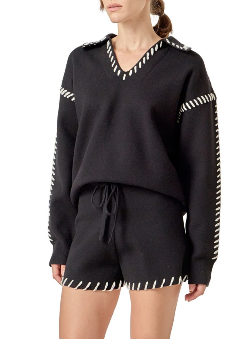 STITCH DETAIL KNIT COLLAR TOP