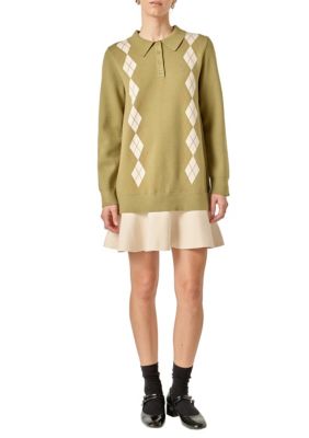 ENGLISH FACTORY Women's Argyle Polo Knit Dress, White, Medium