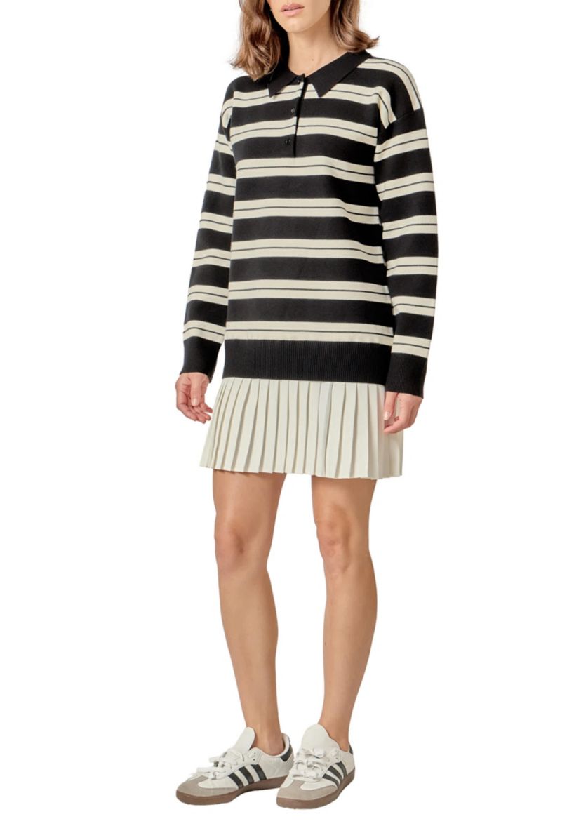 STRIPE POLO MIXED MEDIA MINI DRESS