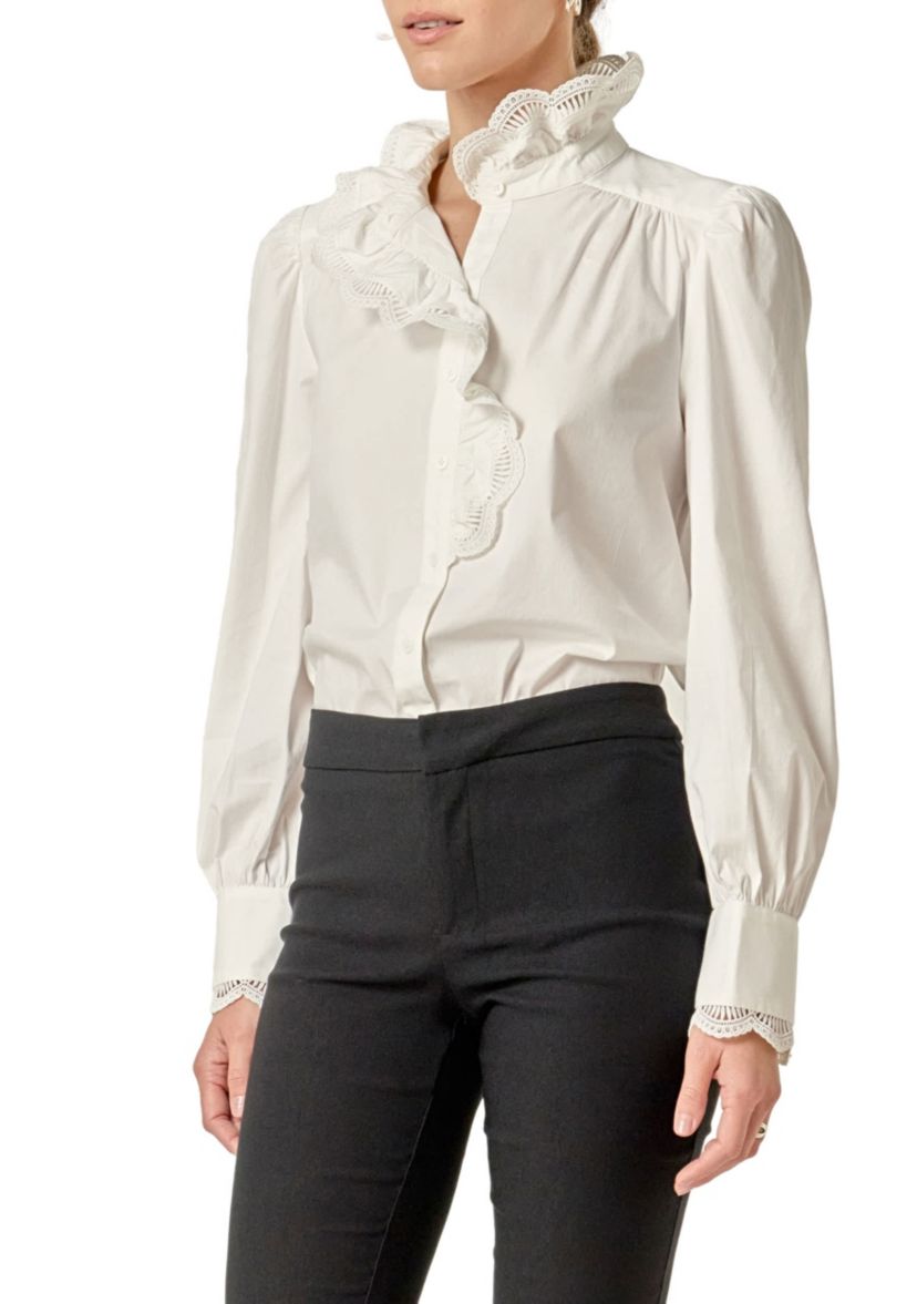 SCALLOPED LACE DETAIL SHIRT BLOUSE