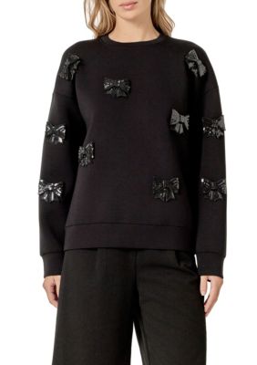 ENGLISH FACTORY Women's PEARL BOW SCUBA SWEATSHIRT, Black, Small