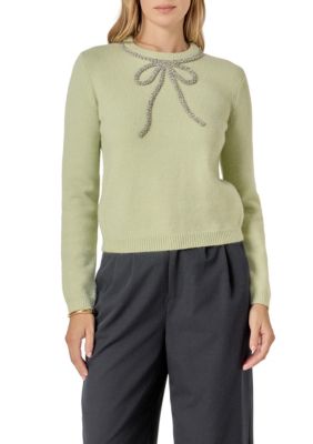 ENGLISH FACTORY Women's Rhinestone Bow Knit, Sage, XS