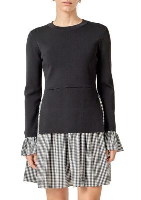 ENGLISH FACTORY Women's MIXED MEDIA GINGHAM CHECK MINI DRESS, Black, Medium