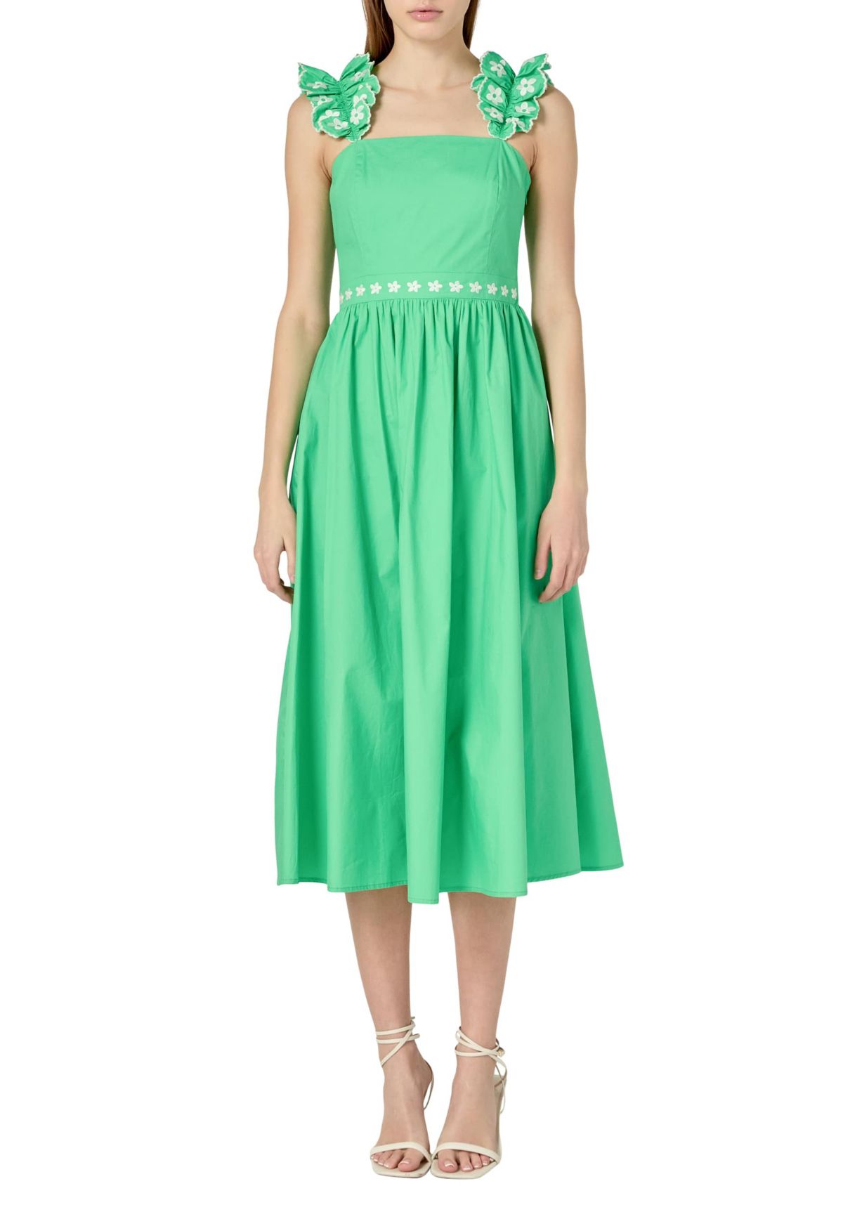 FLOWER EMBROIDERED RUFFLE MIDI DRESS