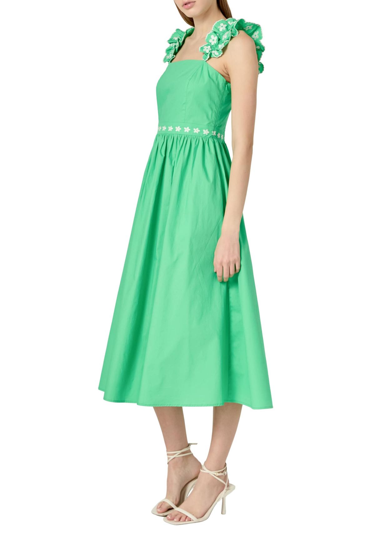 FLOWER EMBROIDERED RUFFLE MIDI DRESS