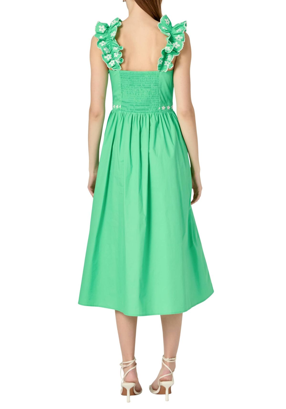 FLOWER EMBROIDERED RUFFLE MIDI DRESS