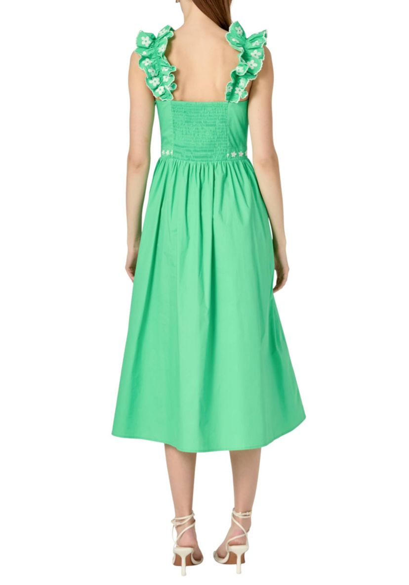FLOWER EMBROIDERED RUFFLE MIDI DRESS