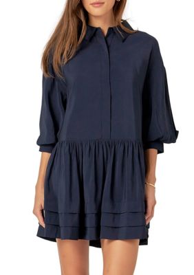 ENGLISH FACTORY Women's Collared Drop Waist Dress, Navy Blue, Medium