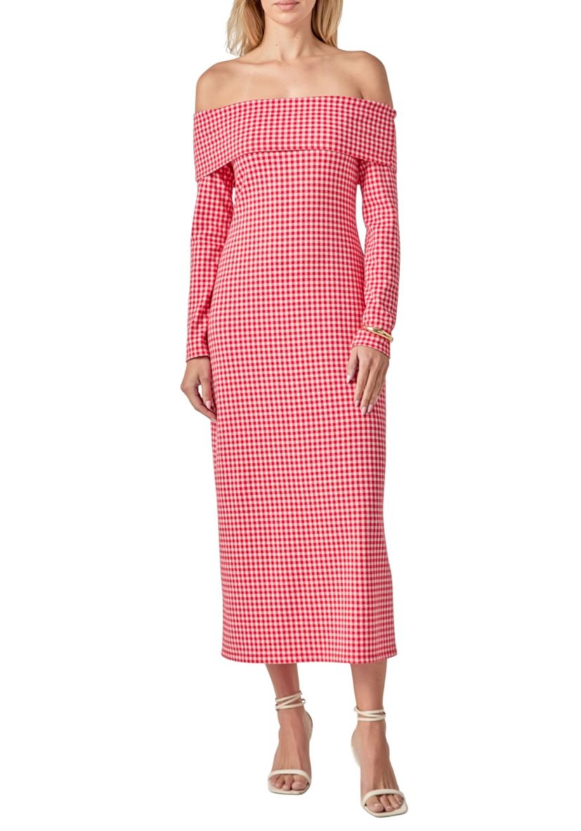 gingham off the shoulder midi dress Off-the-shoulder gingham cotton-seersucker midi dress - red