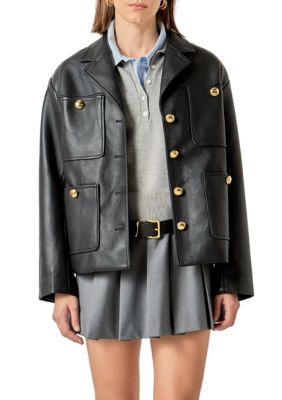 ENGLISH FACTORY Women's FAUX LEATHER DROP SHOULDER JACKET, Black, Medium