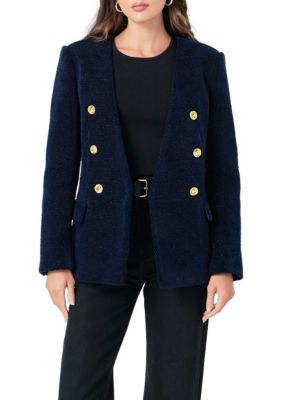ENGLISH FACTORY Women's Structured Lapelless Textured Jacket, Navy Blue, Medium