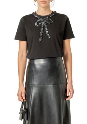 ENGLISH FACTORY Women's FLORAL BOW DETAIL TOP, Black, Small