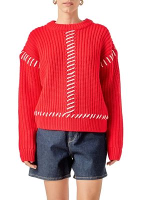 ENGLISH FACTORY Women's STITCH DETAILED CHUNKY CREW NECK KNIT, XS