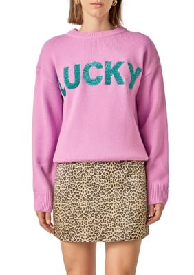 ENGLISH FACTORY Women's Glitter Lettering Sweater, Pink, XL