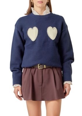 ENGLISH FACTORY Women's Pearl Heart Sweater, Navy Blue, Medium