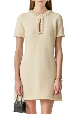 ENGLISH FACTORY Women's PEARL & RHINESTONE KEY HOLE KNIT MINI DRESS, White, Large