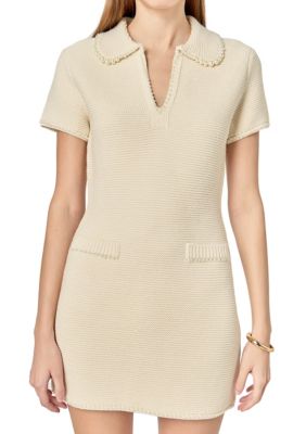 ENGLISH FACTORY Women's KNIT PEARL DETAIL MINI DRESS, Ivory, Large