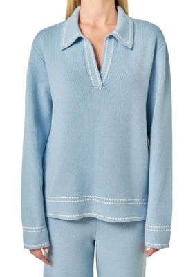 ENGLISH FACTORY Women's STITCH DETAILED POLO KNIT, Blue, Small