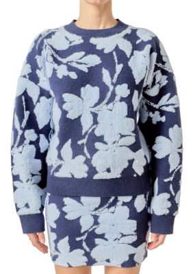 ENGLISH FACTORY Women's FUZZY FLOWER SWEATER, Blue, Large