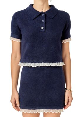 ENGLISH FACTORY Women's Scallop Detailed Knit Top, Navy Blue, Large