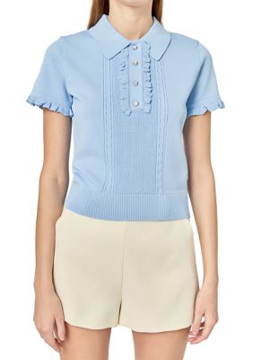 ENGLISH FACTORY Women's RUFFLE PLACKET KNITTED TOP, Blue, Large