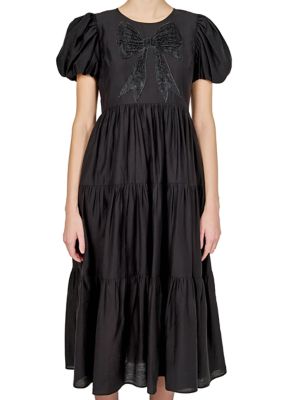 ENGLISH FACTORY Women's BOW PUFF SLEEVE MIDI DRESS, Black, Medium