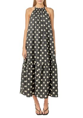 ENGLISH FACTORY Women's Halter dot printed bow tie maxi dress, Large