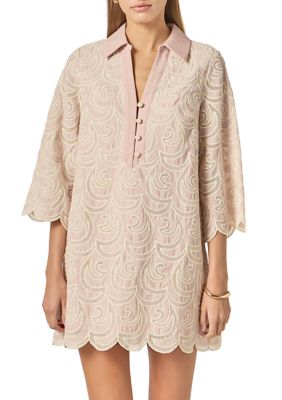 ENGLISH FACTORY Women's STRIPED EMBROIDERED SCALLOP HEM SHIRT MINI DRESS, Pink, Large