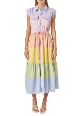 ENGLISH FACTORY Women's COLORBLOCK SHIRT MIDI DRESS, Medium