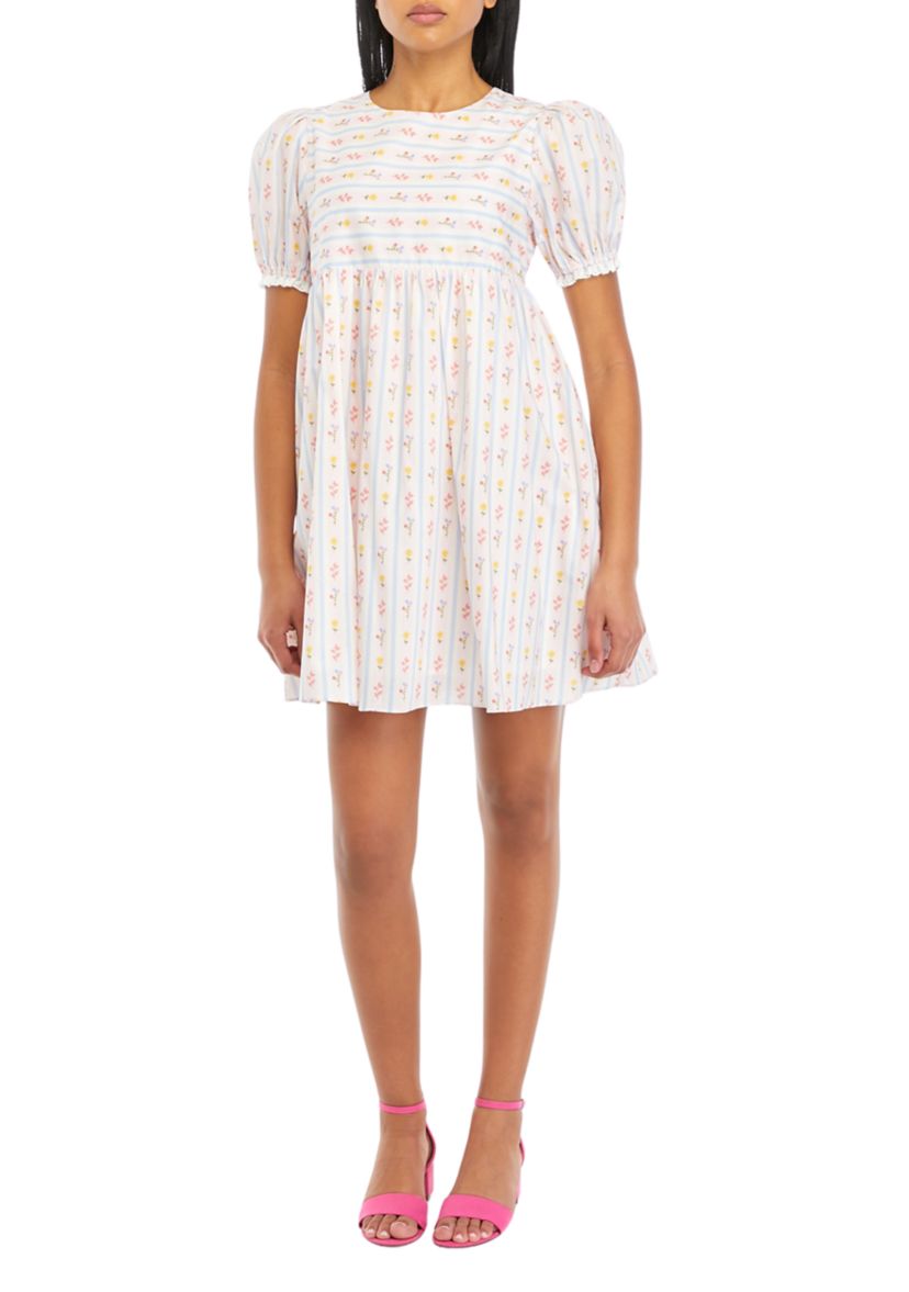 Womens Striped Floral Printed Babydoll Dress
