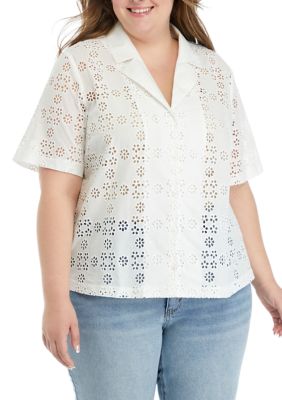 ENGLISH FACTORY Women's Plus Size Embroidered Cotton Camp Top