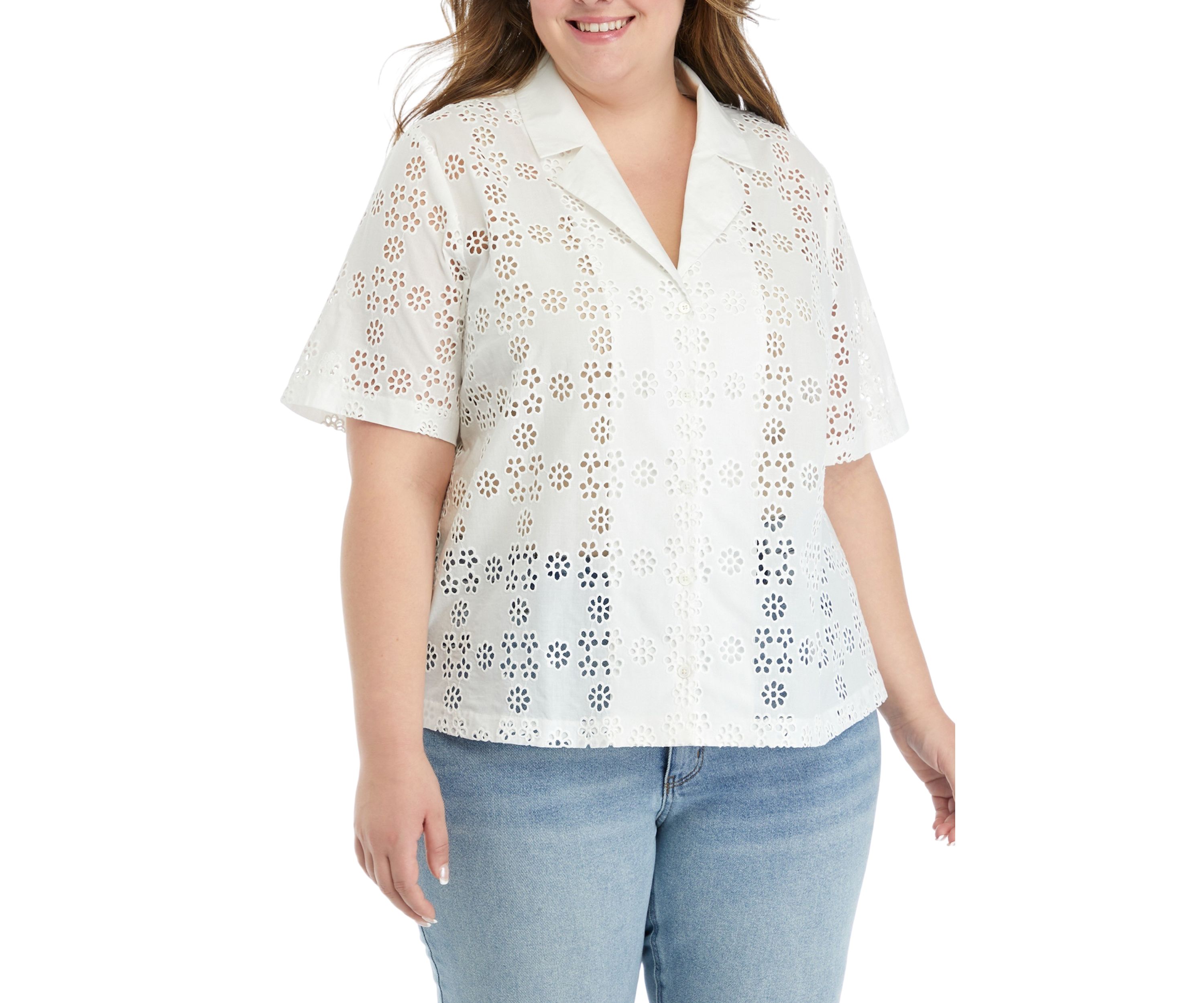Plus Size Embroidered Cotton Camp Top
