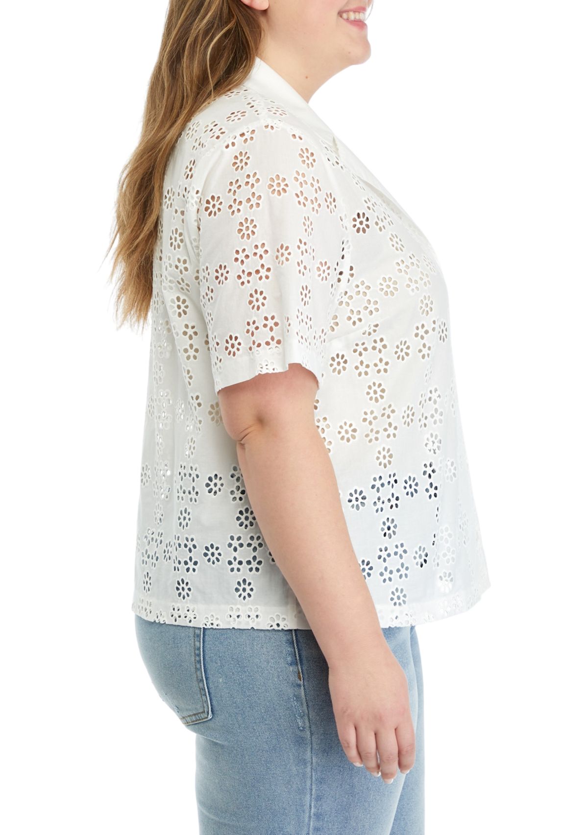 Plus Size Embroidered Cotton Camp Top