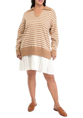 ENGLISH FACTORY Women's Plus Size Striped Mixed Media Pleated Mini Dress