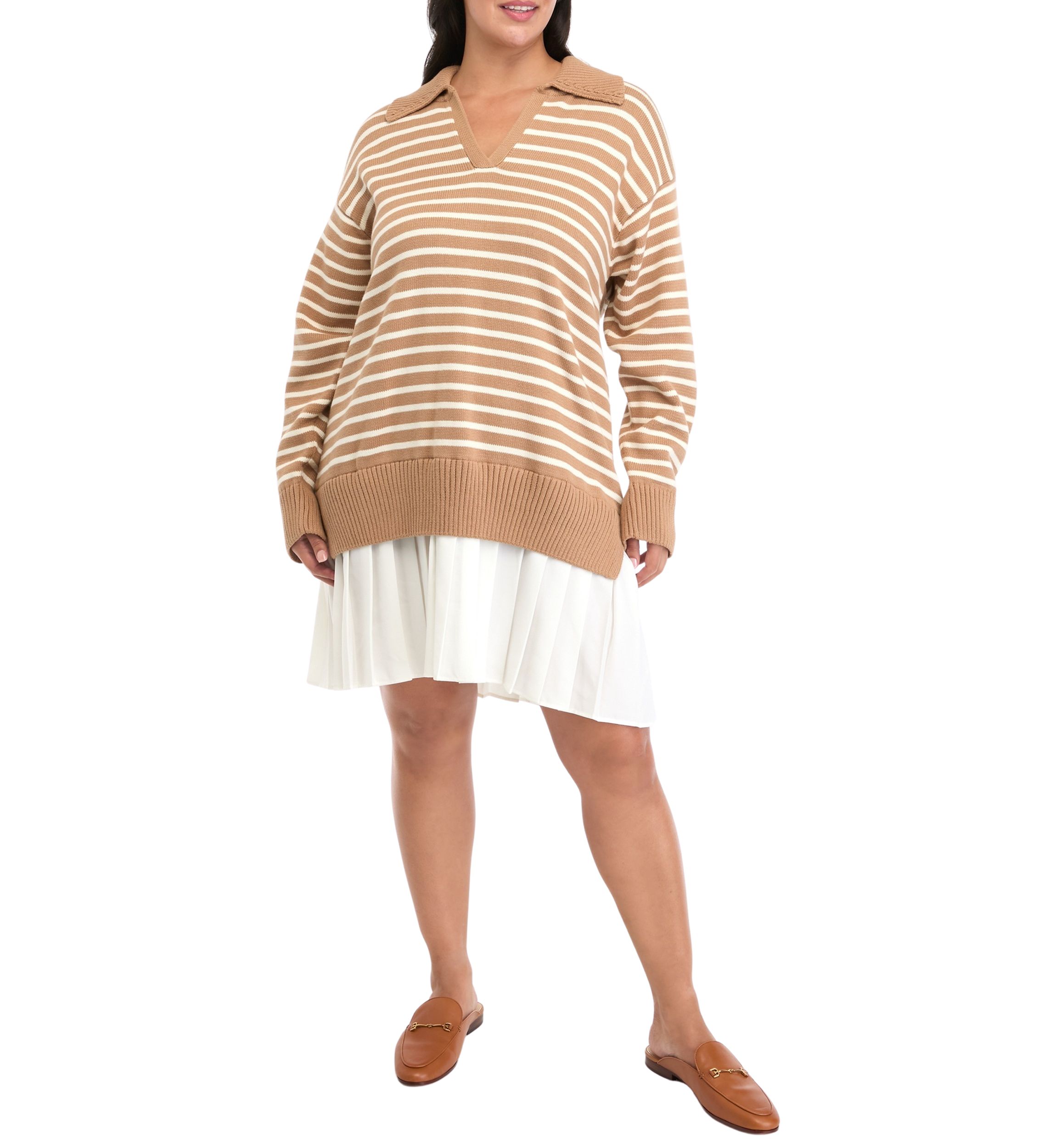 Plus Size Striped Mixed Media Pleated Mini Dress