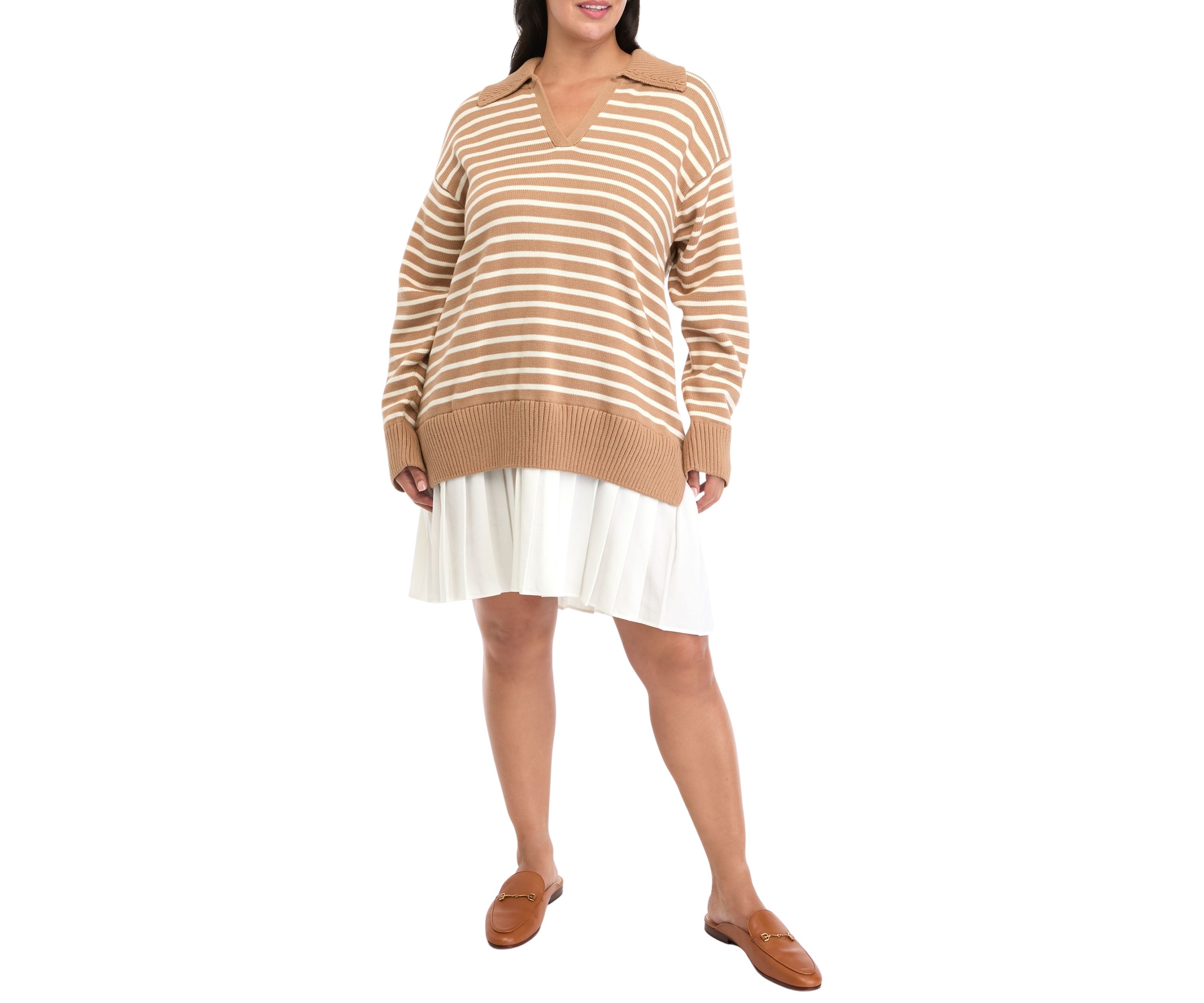 Plus Size Striped Mixed Media Pleated Mini Dress