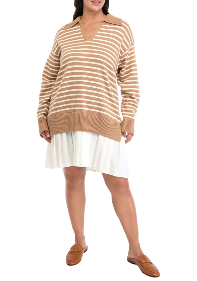 Plus Size Striped Mixed Media Pleated Mini Dress