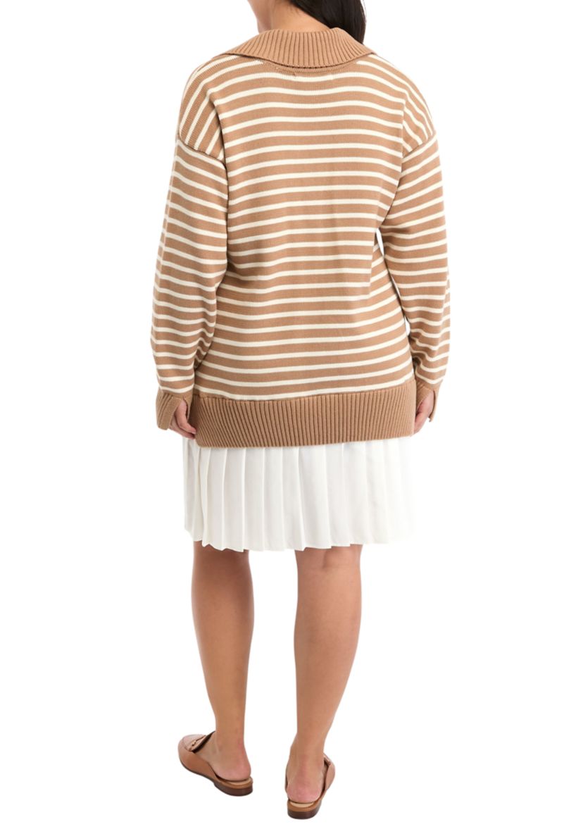 Plus Size Striped Mixed Media Pleated Mini Dress