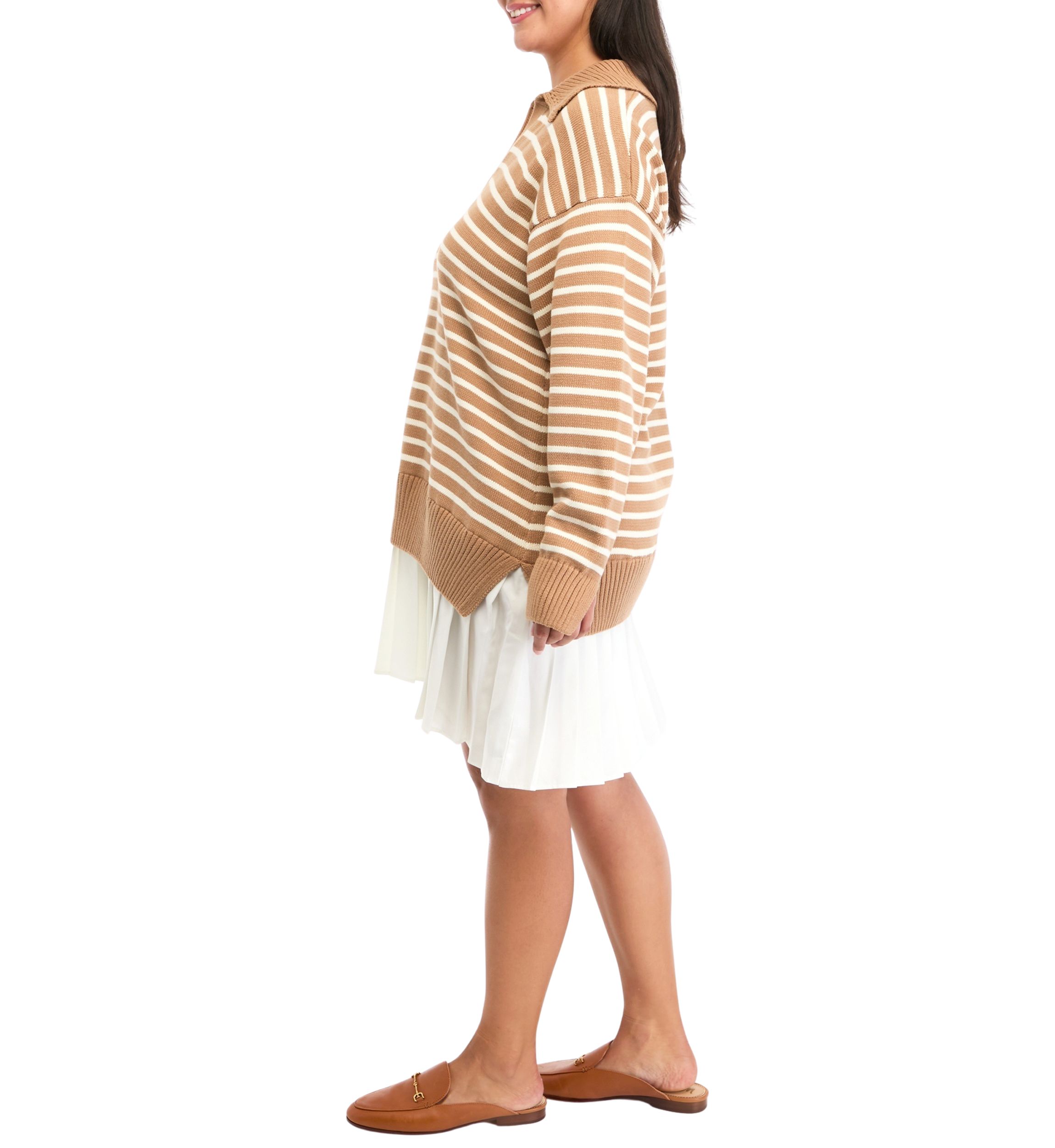 Plus Size Striped Mixed Media Pleated Mini Dress