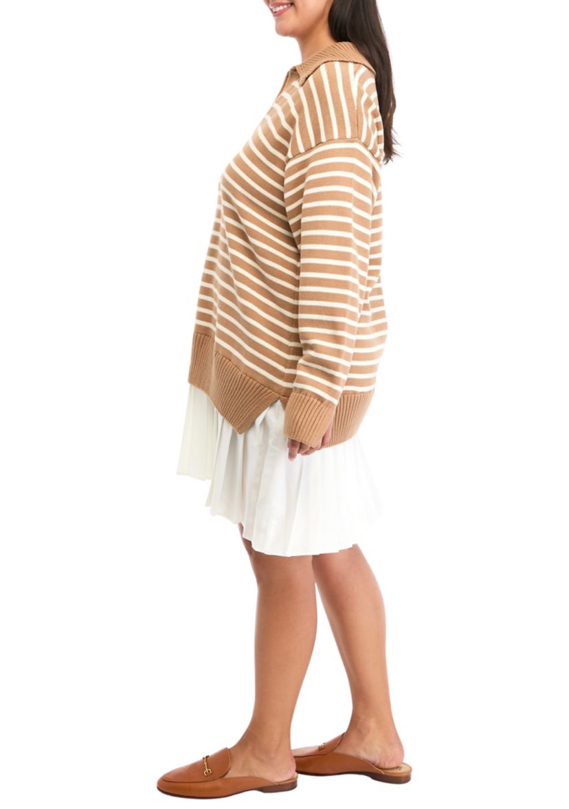 Plus Size Striped Mixed Media Pleated Mini Dress