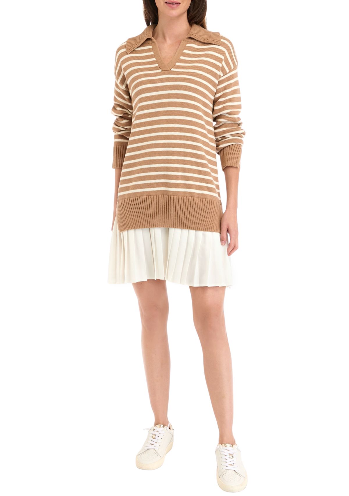 Womens Striped Mixed Media Pleated Dress